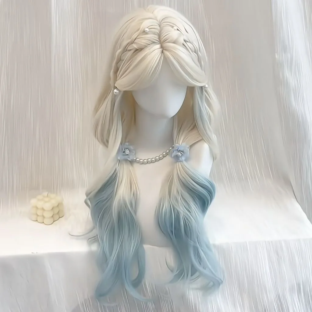 Synthetic Long Wavy Wig for Women Ice-Inspired Platinum To Blue Ombre Middle Part Airy Trendy Summer Cosplay Party Hair