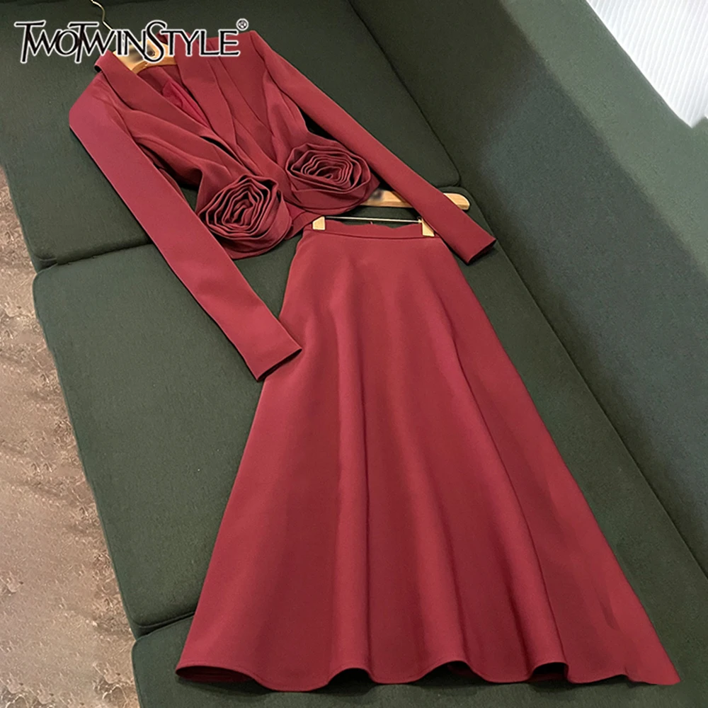 

TWOTWINSTYLE однотонные винтажные тонкие комплекты из двух предметов для женщин, топ с длинными рукавами и лацканами, юбка с высокой талией, элегантный комплект, женский новый KJA501680