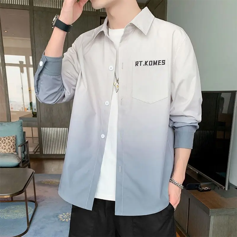 

Shirts for Men Graphic Green Gradient Color Man Shirt Long Sleeve with Pocket Korean Style I Tops Summer Social Elegant Xxl Sale