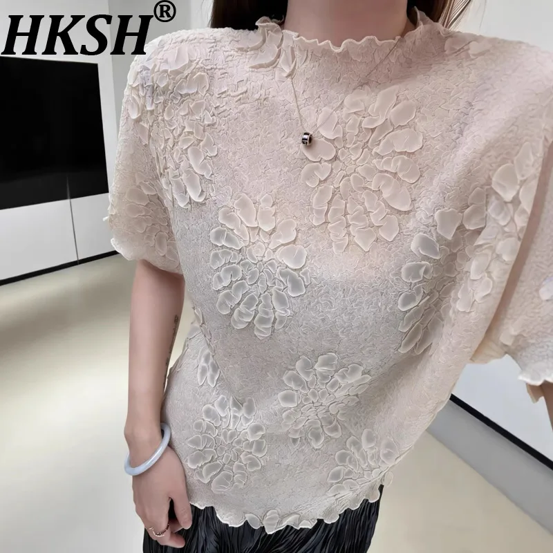 

Женская футболка HKSH с круглым вырезом и коротким рукавом, оригинальный дизайн, плиссированная, стройнящая, универсальная, элегантная, повседневная, летняя, в стиле High Street, HK21946
