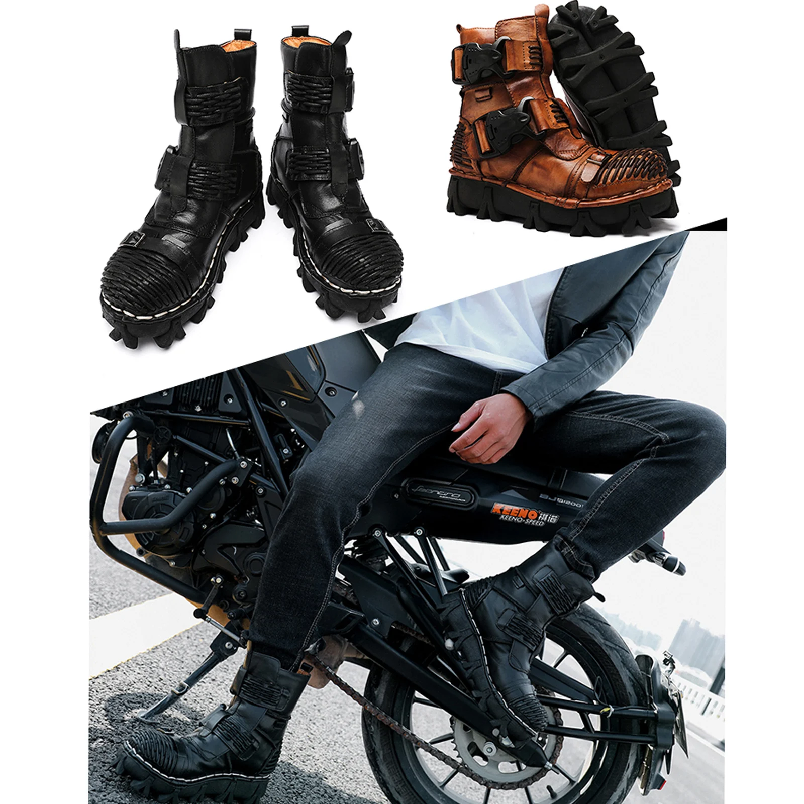 Botas de motocicleta de cuero genuino para hombre, botines de combate de vaquero Punk gótico con Calavera, zapatos de trabajo de seguridad, botas