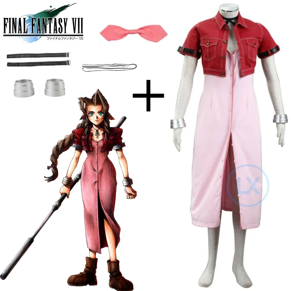 Game Remake Gainsborough Aerith Cosplay Costume Outfits Halloween For Women Sexy Dress Bracelet Coat