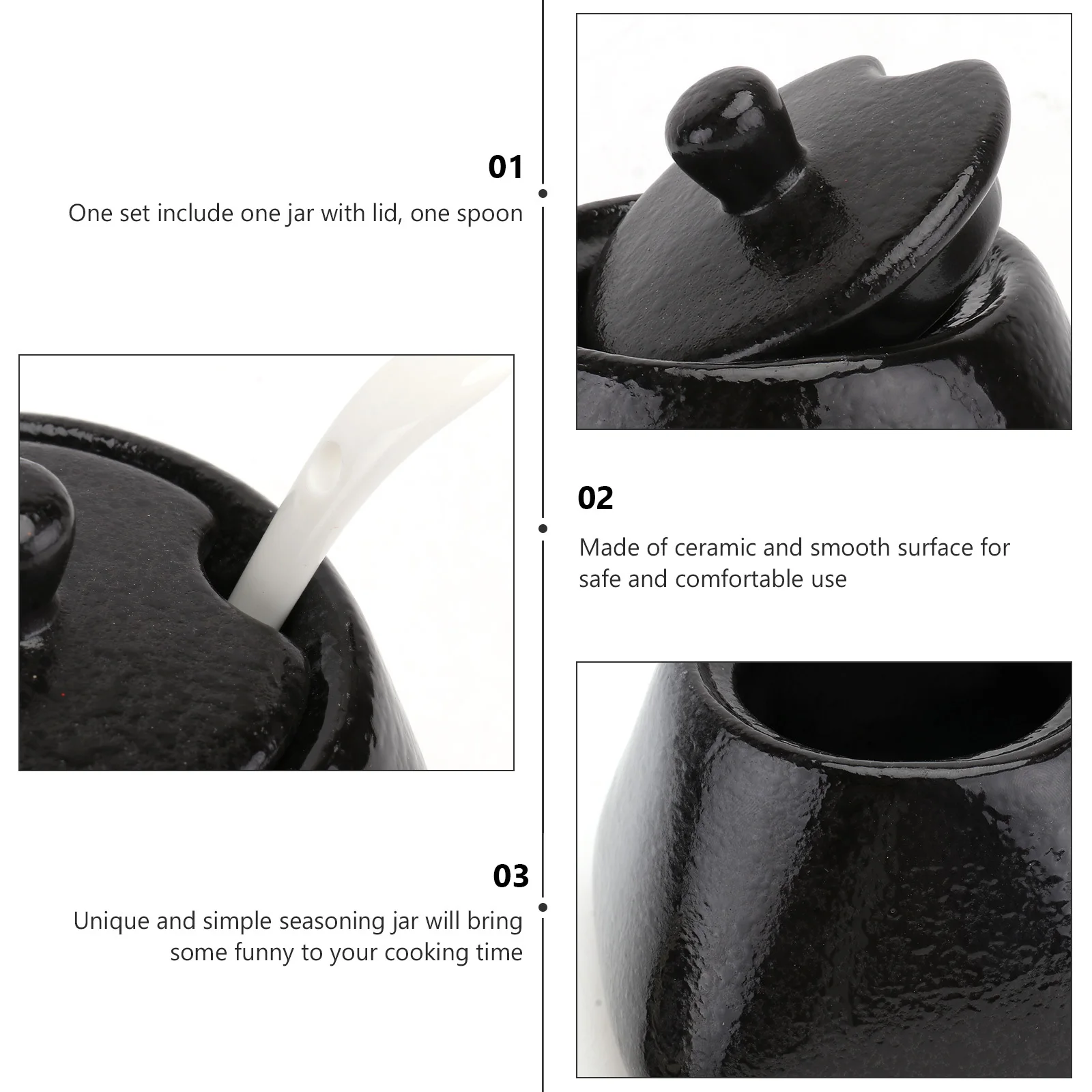 

Ceramic Spice Jar Set 1 Jar with Lid 1 Spoon Black Smooth Surface Easy Clean Seasoning Pot for Salt Sugar Pepper Storage Kitchen