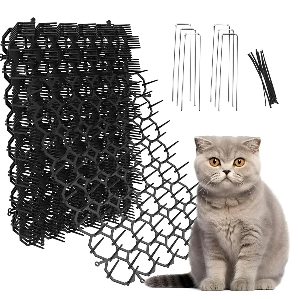12Pcs/set Garden Anti-Cat Prickle Mat Cat Scat Mat with Ground Spikes and Cable Ties Keep Cat Dog Away Digging Repellent Mat
