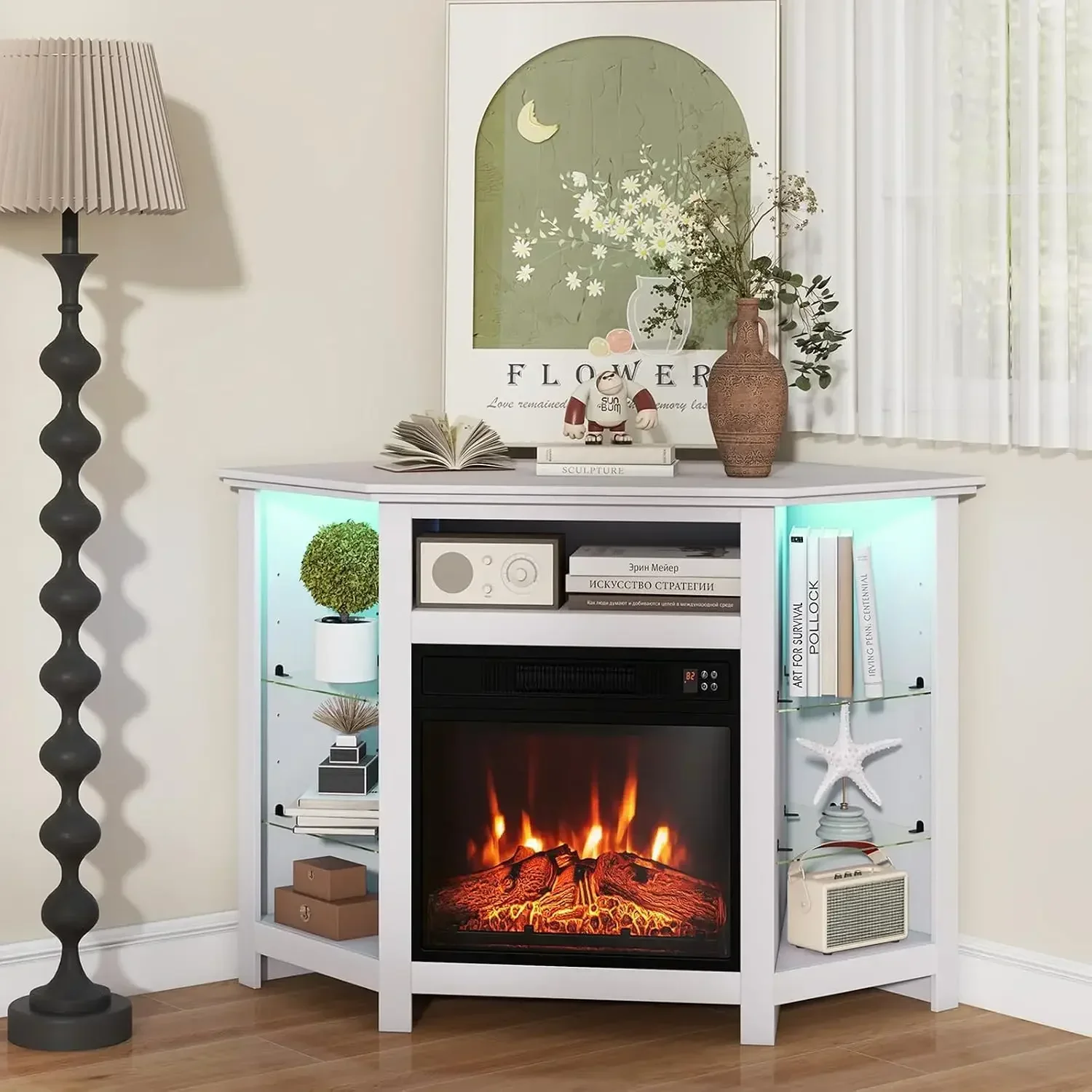 Corner Fireplace TV Stand - Electric Fireplace Entertainment Center w/Heater Insert, LED Lights, APP Control & Adjustable Shelve