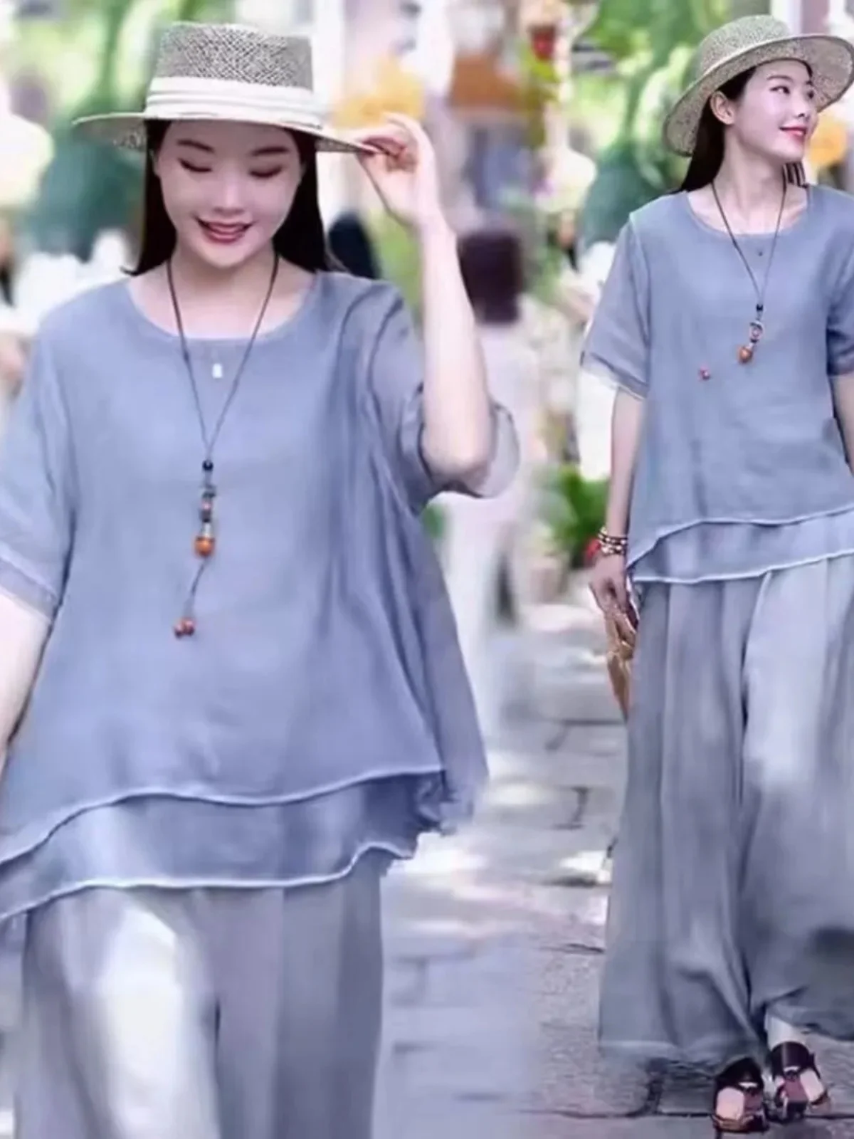 

Новый летний повседневный комплект из хлопка и льна для женщин: укороченный топ и широкие брюки с круглым вырезом, эффект стройности