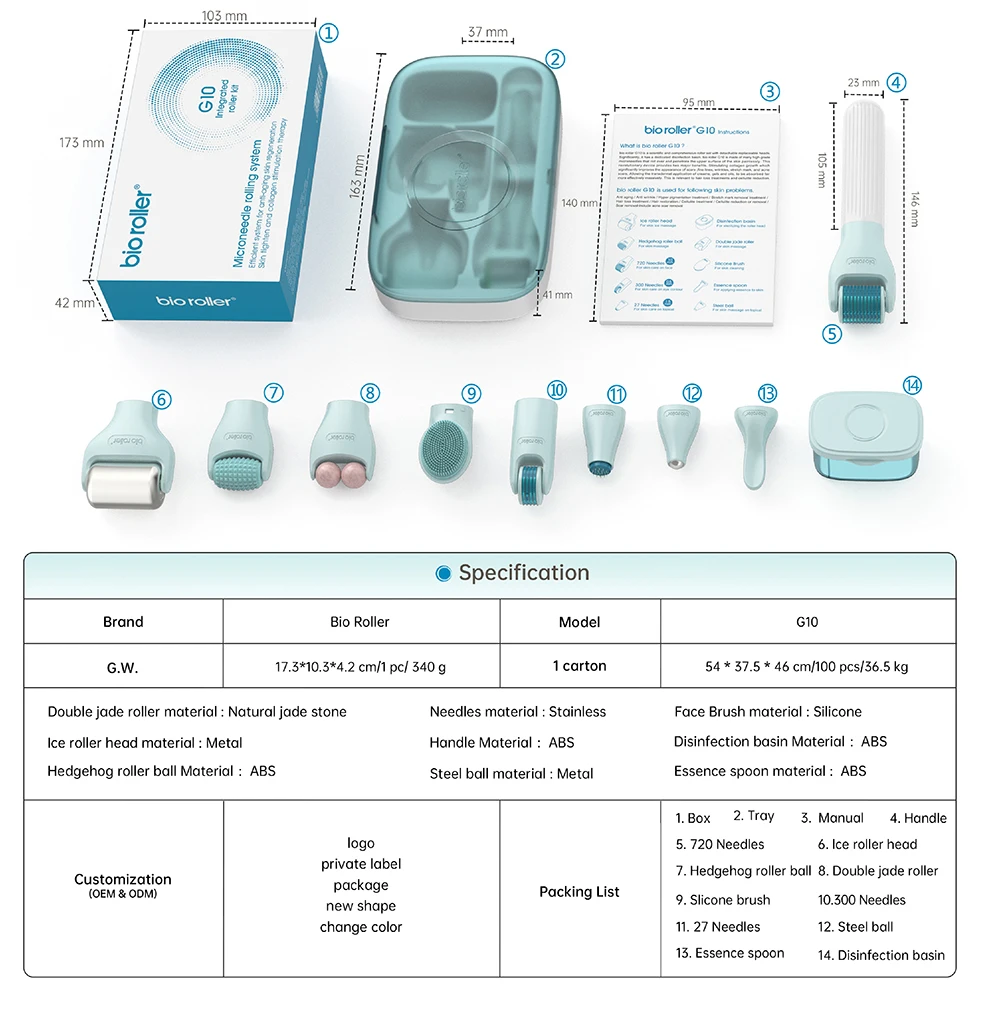 Newest Bio Roller G10 Set 10 In 1 Kit For Face Eye Massage And Skin Rejuvenation Derma Roller MTS Microneedling Therapy