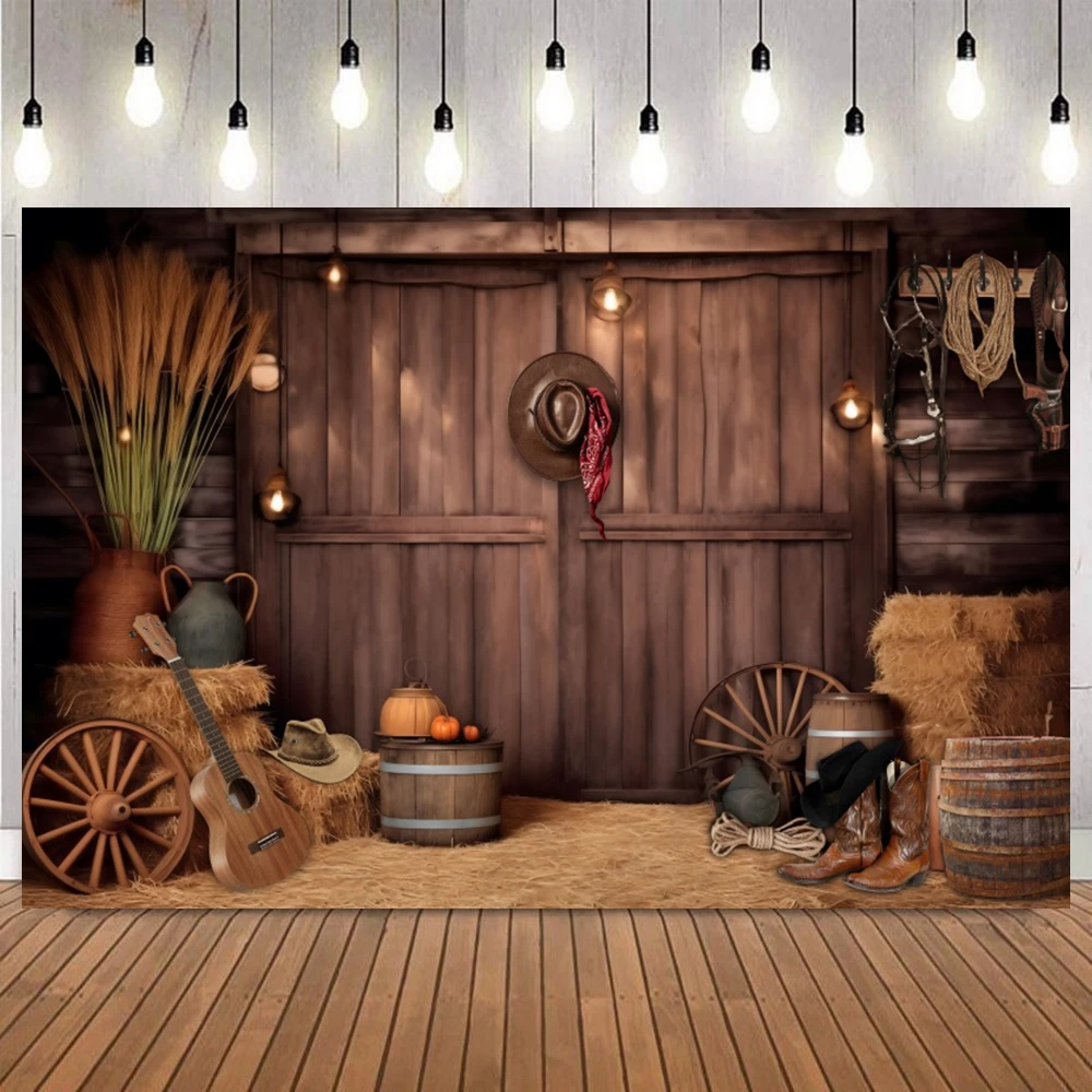Vintage Wooden Barn Farm Theme Backdrop Straw Pile Wheel Portrait Birthday Party Baby Shower Home Decor Photography Background