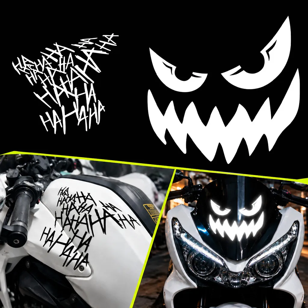 2PCS Demon Smiling Face Decal HAHAHA Vinyl Waterproof Reflective Motorcycle Stickers Decor Moto Body Helmet Accessories Decals
