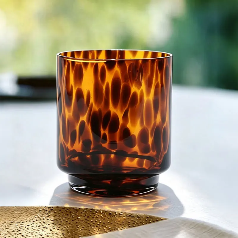 Retro Leopard Texture Amber Crystal Glass Cup, Elegant Drinkware for Whiskey, Scotch, Coffee, Cocktail, Home Bar Table Decoratio
