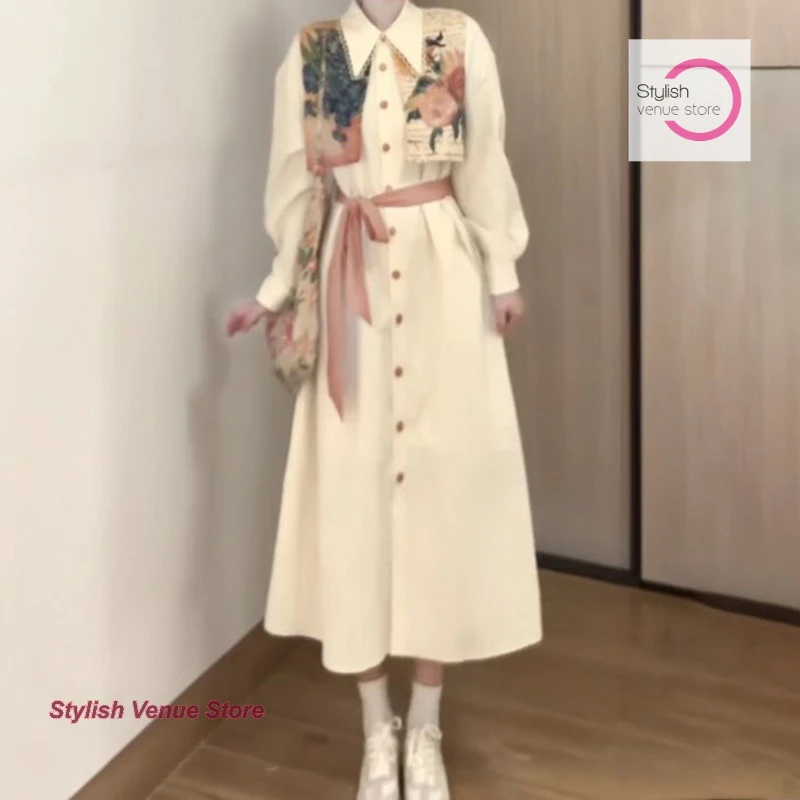 

Summer retro oil painting printing stitching fake two-piece dress female French new temperament strap waist shirt long skirt