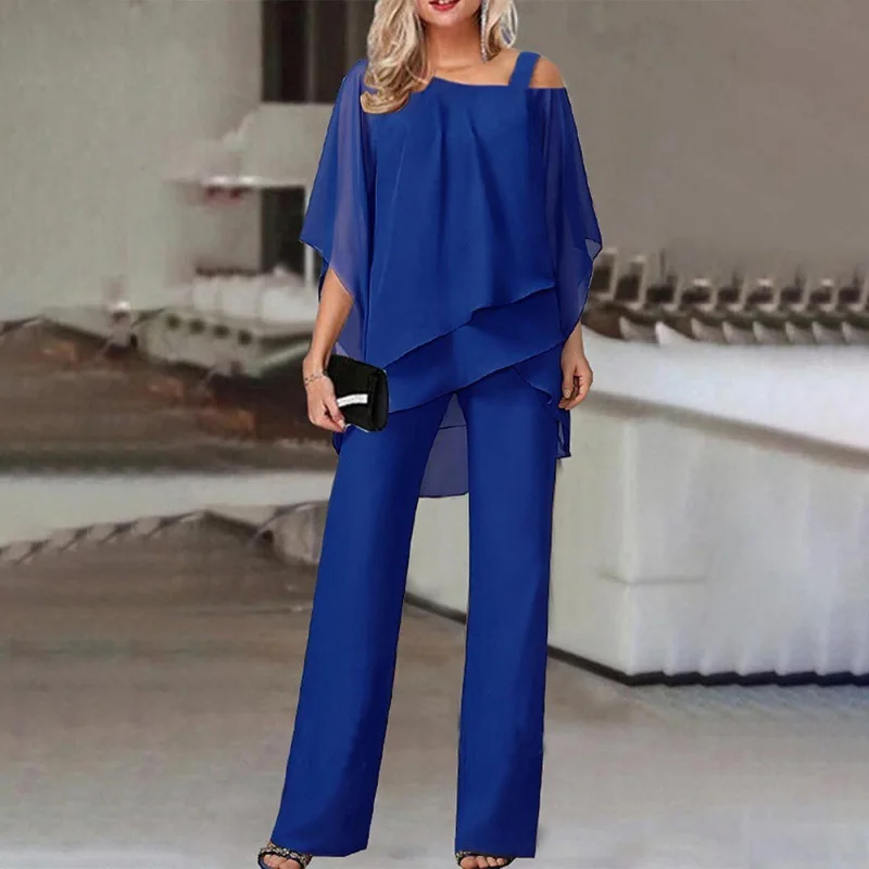 

Casual Solid Chiffon Suit For Women Elegant Sloped Collar Irregular Off Shoulder Top Straight Trousers Two Piece Set 2024 New
