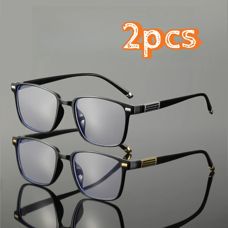 2Pcs Men's Rectangular Rivet Full-Rim Reading Glasses, Durable PC Frame & Lens, Perfect for Daily Commute and Business Use.