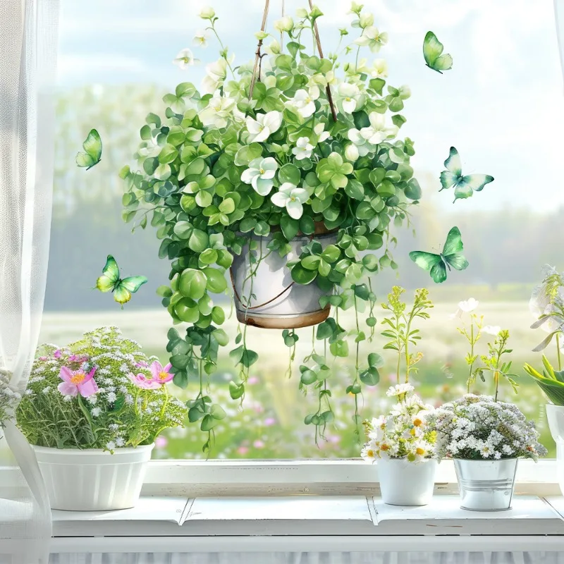 Green Leaf Vine PVC Static Glass Stickers - Small Fresh DIY Decals for Living Room Bedroom Home Decoration
