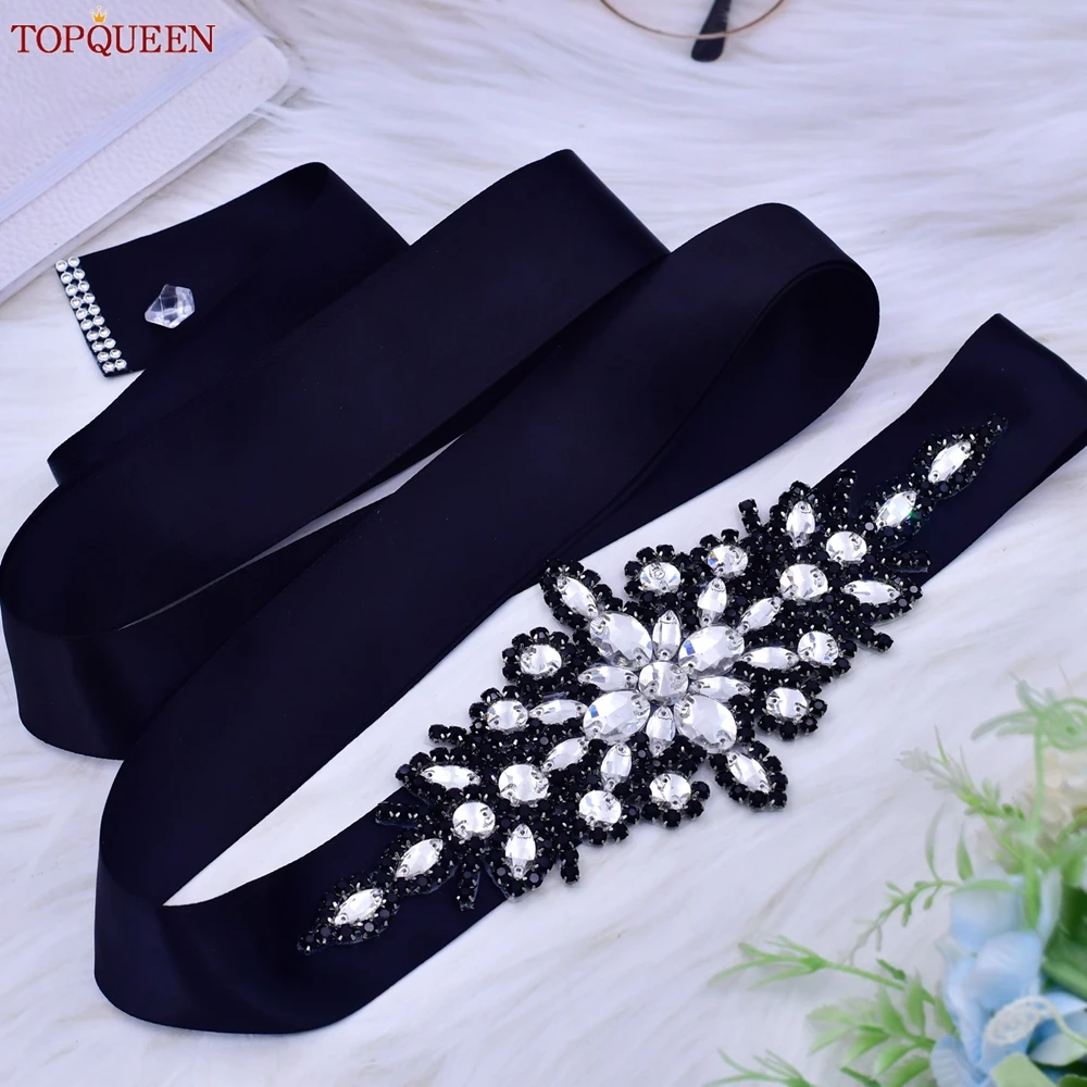 TOPQUEEN S01 New Black Rhinestone Belt Wedding Dress Bridal Sash Women'S Luxury Caftan Evening Waist Belt Gown Appliques