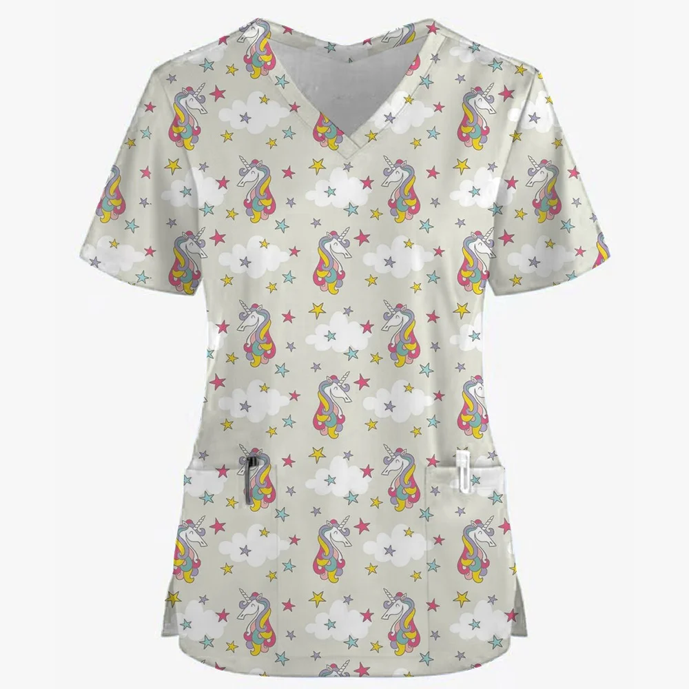 Klinische Uniform Frau Niedlicher Tier-Cartoon-Druck Mode V-Ausschnitt Chirurgische Uniformen Kurzarm Patch Pocket Top Medizinische Kleidung
