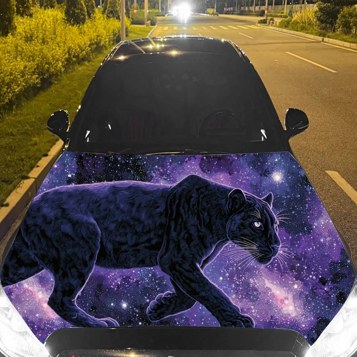 Car Decal Panther with Galactic Purple-Hued Textured Motif in Artistic Wildlife-Surreal Fusion Style - Bold Terrestrial Enigmati