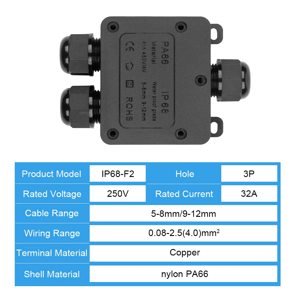 IP68 3 Way Waterproof Junction Box 5-12mm Cable Electrical Wire Connectors With 32A 250V Terminal External Electric Junction Box image 5