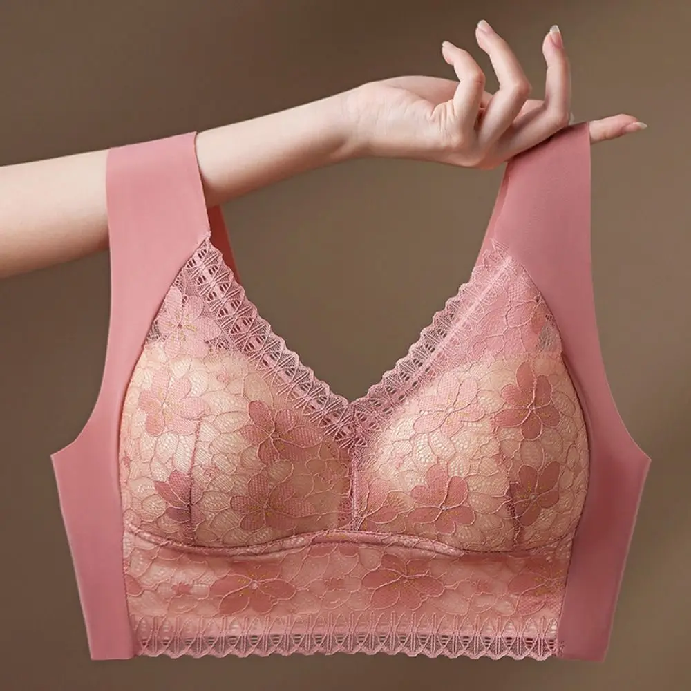 

Plus Size Lace Women's Underwear Shockproof Close-fitting Wireless Deep V Bra Lingerie Comfortable Seamless Bra Seniors