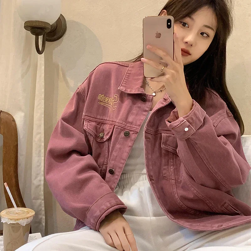 

Фиолетовые джинсовые куртки женские милый дизайн свободная верхняя одежда на пуговицах High Street с отложным воротником базовая куртка Mujer корейская мода