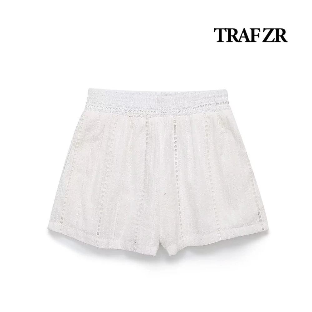 

TRAF ZR Elegant Elastic Waistband Shorts for Women Mid Rise Embroidered Short Pants Hollow Out Fully Lined Summer One Piece