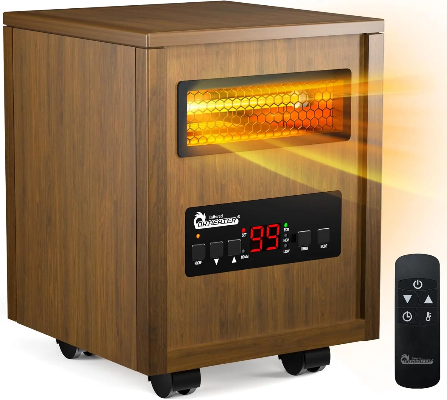 

DR-123 Indoor Portable Space Heater with Remote Control, 1500W Dual Heating, 4 Wheels for Mobility, Programmable Timer