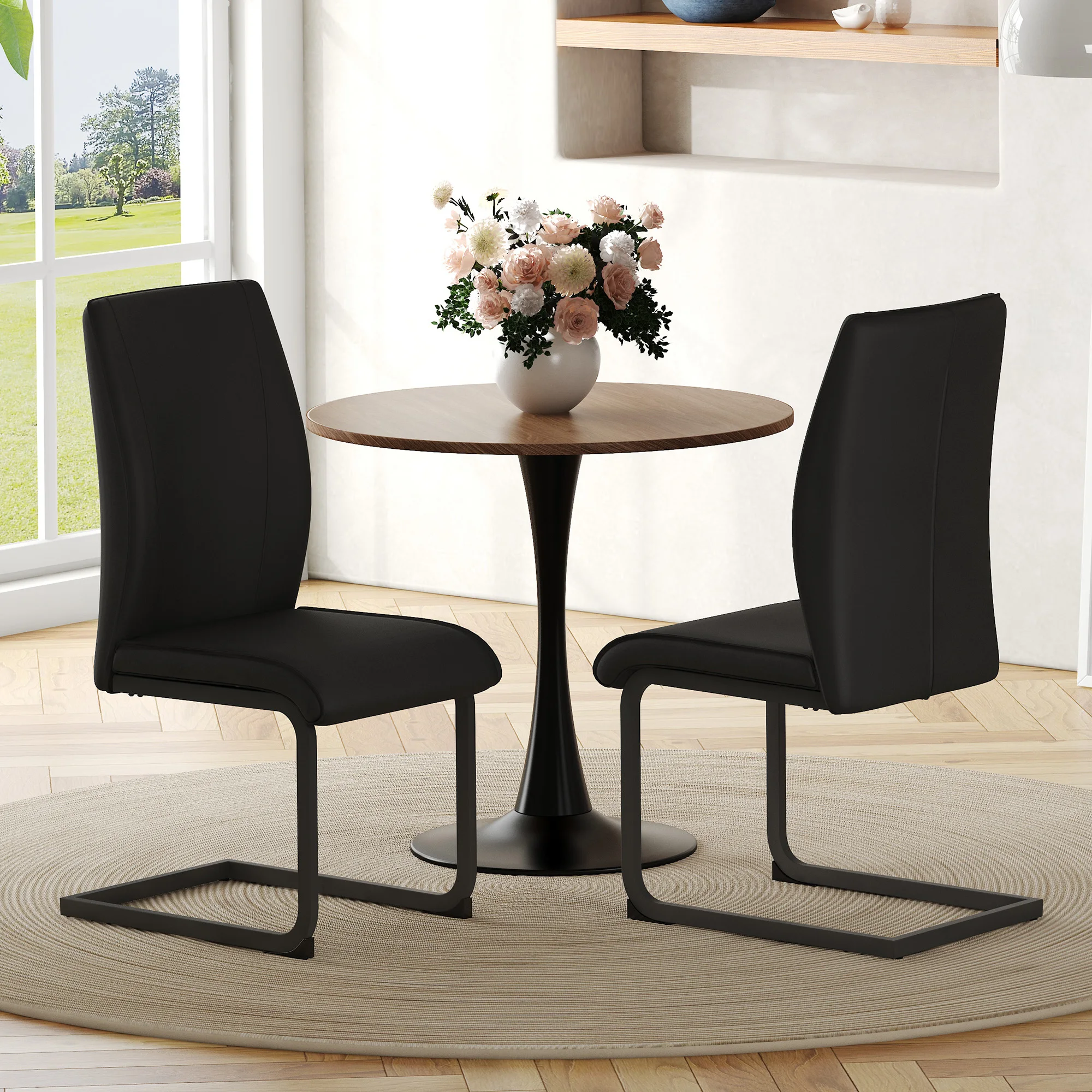 Chaise de salle à manger - Lot de 2 confortables avec dossier ergonomique et pieds métalliques robustes, chaise moderne en PU, noire, 44 × 44,5 × 99 cm
