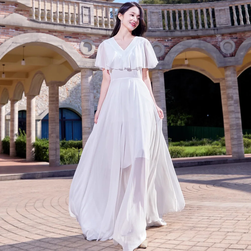 

New Women Summer White Holiday Dress Fashion V-Neck Butterfly Sleeve Slim Waist Casual Long Dress Elegant Flowing Beach Dress