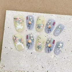 Handmade Press on Nails Yellow Blue Flowers with Pearls Decor Fake Nails for Women Girl Wearable Short Round Chinese False Nails