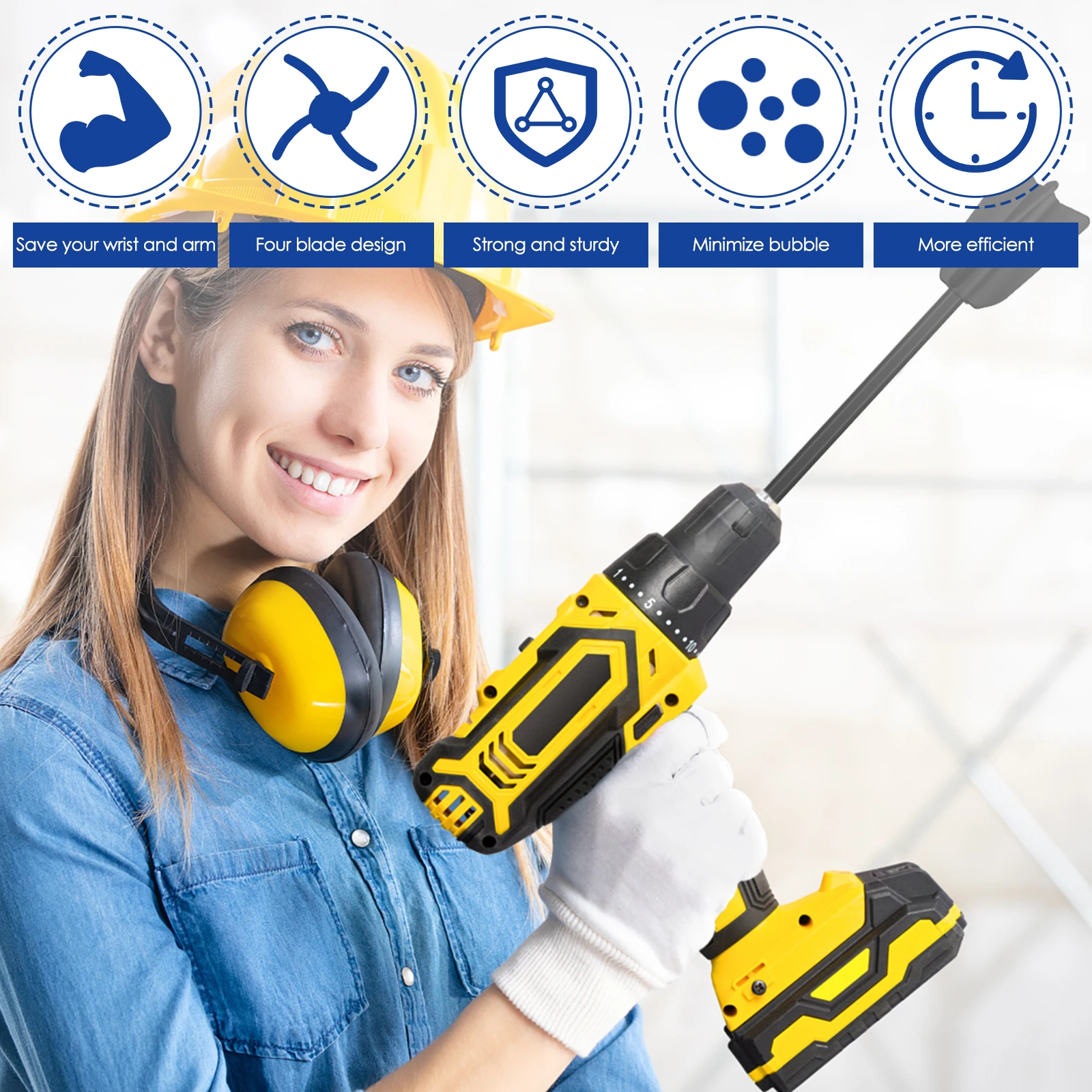 6-Piece Mixer Paddle Mixer Blade Rotary Tool Accessory 4 Blades 1/4 Inch Hex Handle Suitable for Epoxy Resin Latex Paint Mixing