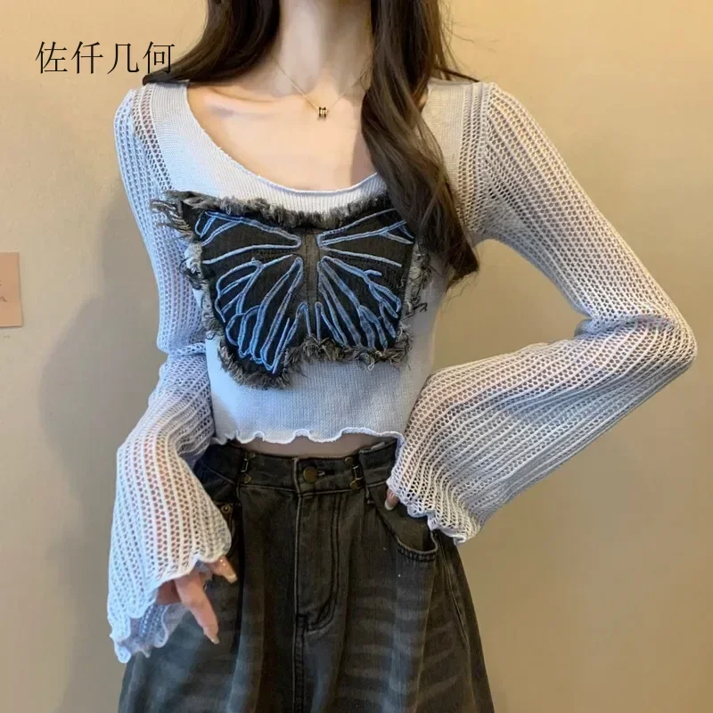 

New 2025 Women Pullovers Autumn Sweet Girl Butterfly Flared Sleeve Short Solid Knitted Tops Female