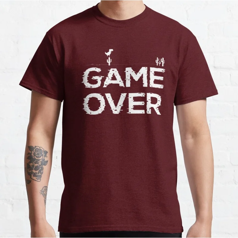 Game Over Funny offline t rex 90s cartoon pixel video game dinosaur T-shirt for men large size Adult