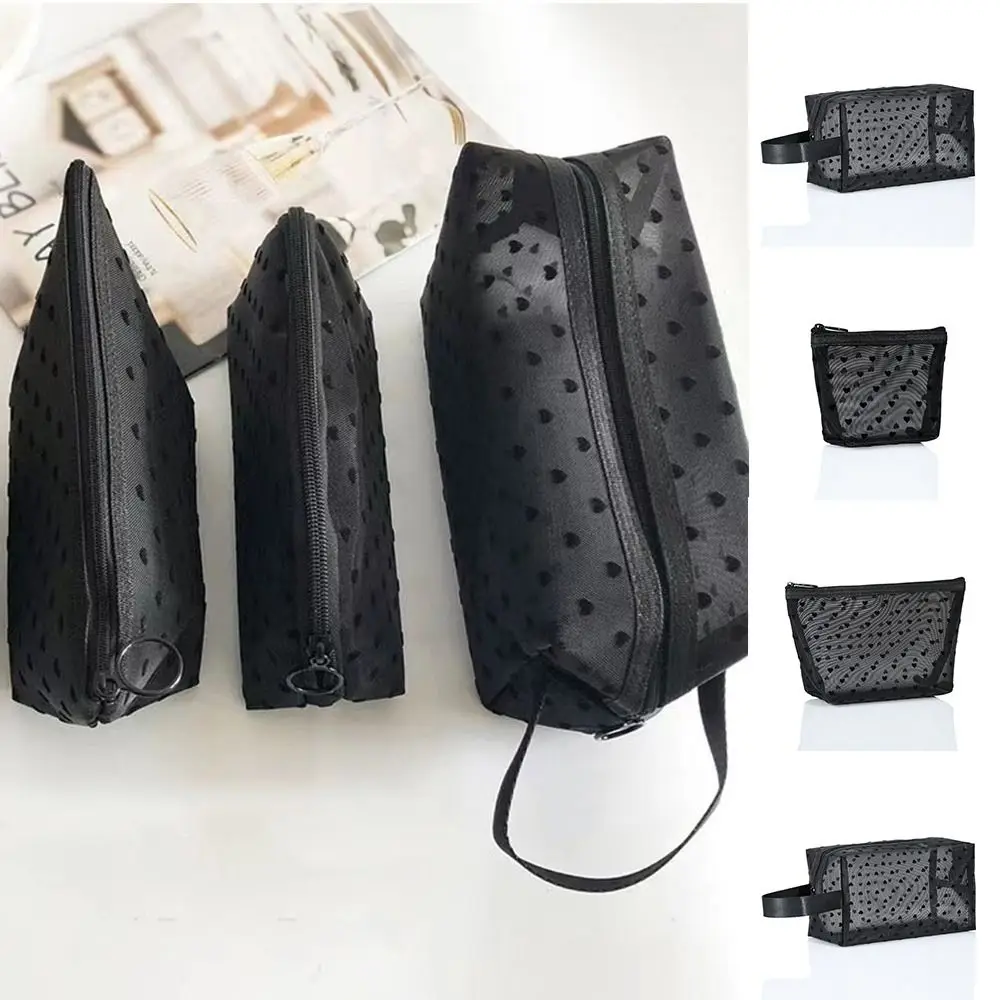 Casual Wave Point Love Heart Mesh Makeup Bag Zipper Storage Bag Transparent Cosmetic Bag Toiletry Bag Large Capacity Outdoor