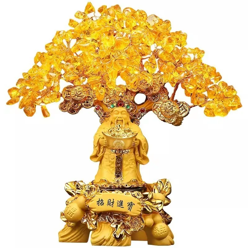 

Yellow Crystal Money Tree Bonsai Statue Chinese Feng Shui Wealth God Decor Gift