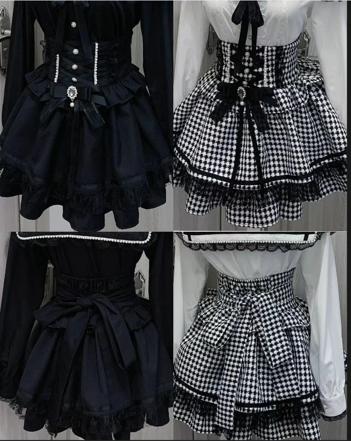 Stile giapponese Nuovo Lolita Minigonna a vita alta Ragazze Donna Nuovo Autunno Rhienstone Fiocco Nero Pied de poule Dolce Gonne corte