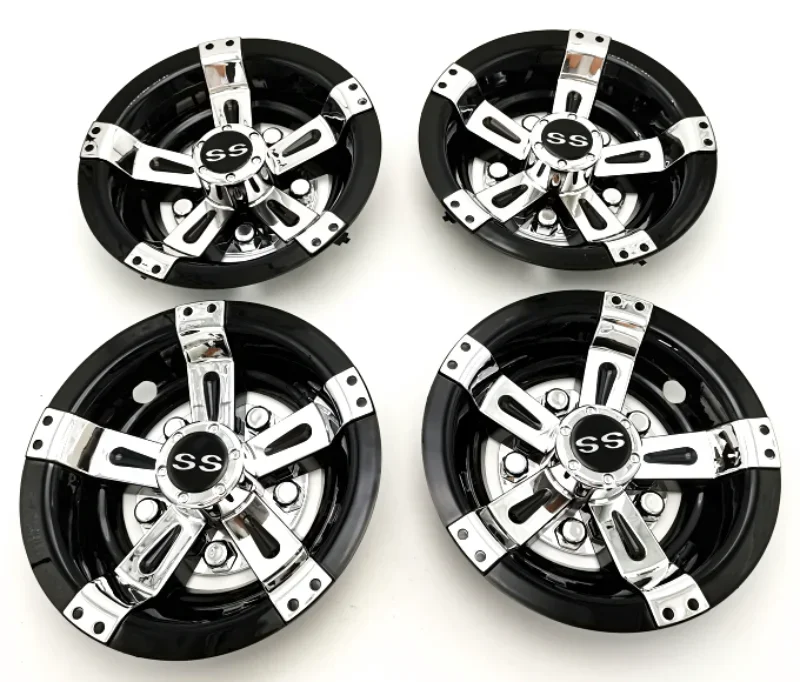 WHEEL COVER SET of 4, 8 INCH 10 INCH CHROME WITH BLACK COLOUR