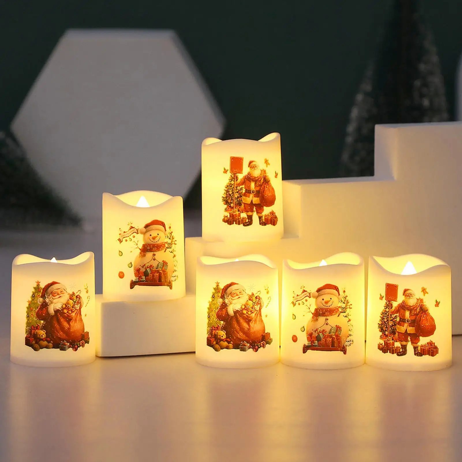 6PCS LED Christmas Candles Flameless Santa Claus Snowman Electronic Candle for Holiday Home Atmosphere Lighting Xmas Gift