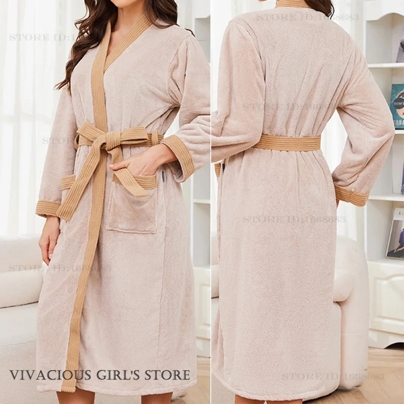 

Winter New Flannel Robe Kimono Bathrobe Gown Thicken Warm Sleepwear Home Dress Loose Coral Fleece Night Wear Loungewear Negligee