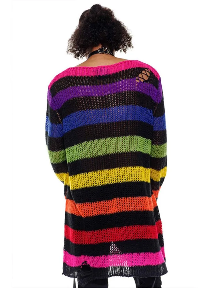 Fashion O-neck Long-sleeved Sweater For Women Autumn High Street Ripped Rainbow Gradient Stripes Mid-length Loose Sweater Female
