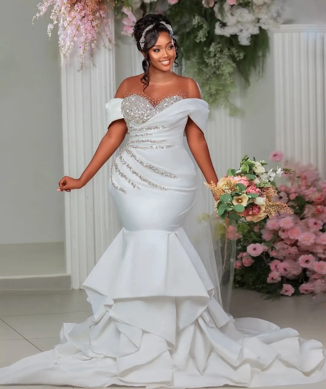 

Luxury Mermaid Wedding Dress Beaded Rhinestones Sequins White Satin Bridal Gown Ruffle Pleats Aso Ebi African Vestido Customized