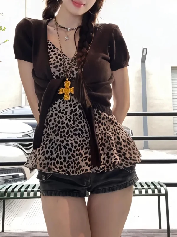 plus Size Women's American Retro Leopard Print Tank Top Short Sleeve Open Cardigan Two-Piece Set Coffee Color Summer Fashion