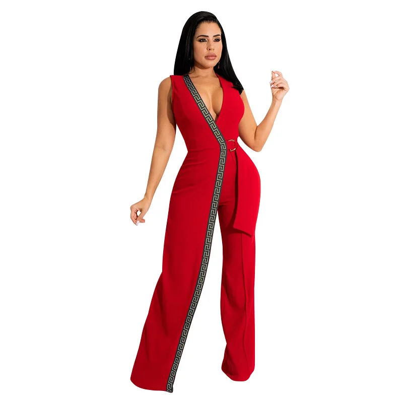 Jumpsuit Spring New Wi Slim Fit Deep V dengan Sabuk, Celana Panjang Pinggang Tinggi, Model Sederhana dan Modis, Bahan Serat Polyester