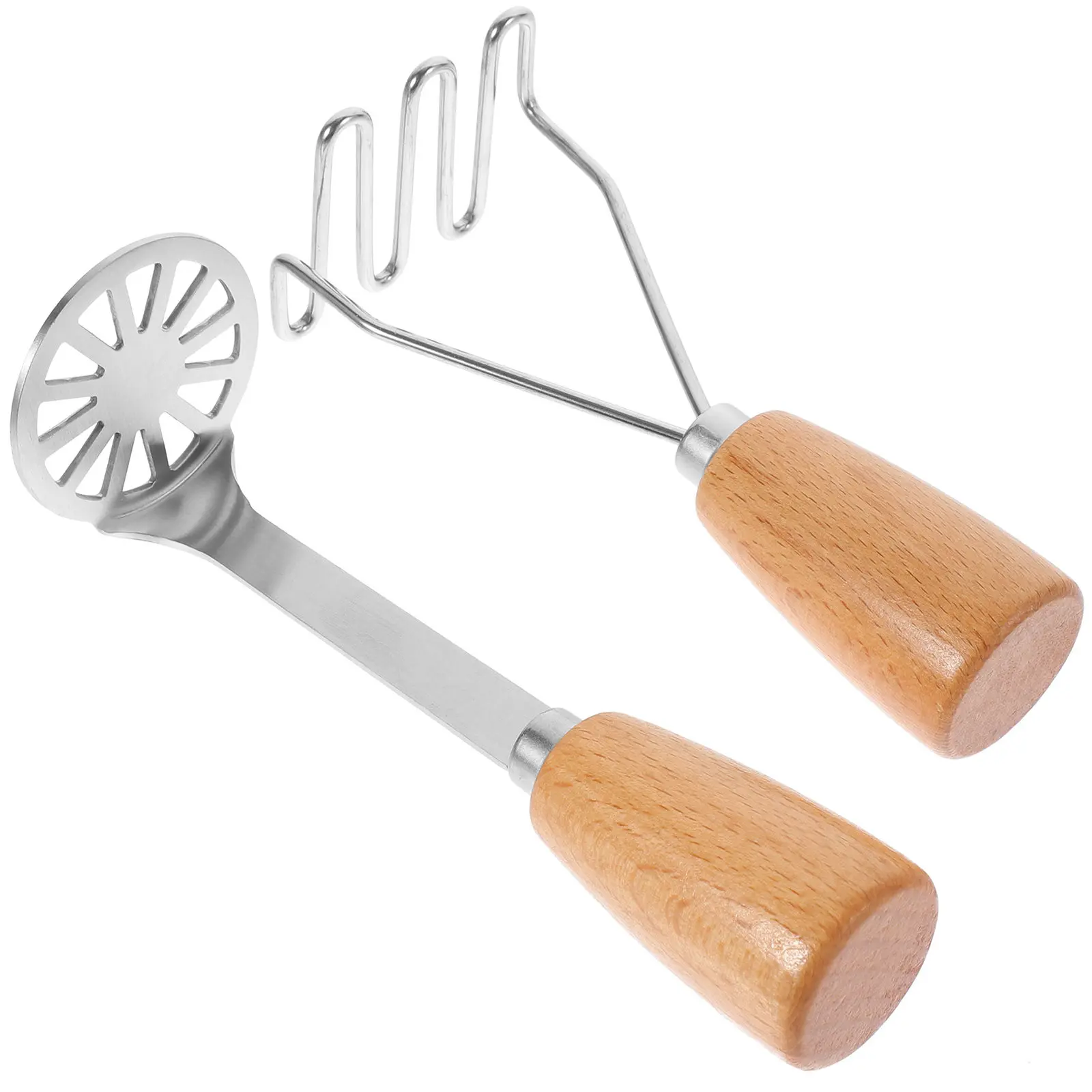 

2Pcs Stainless Steel Potato Masher Wooden Handle Food Crusher Kitchen Tool Baby Food Masher Reusable Easy Clean