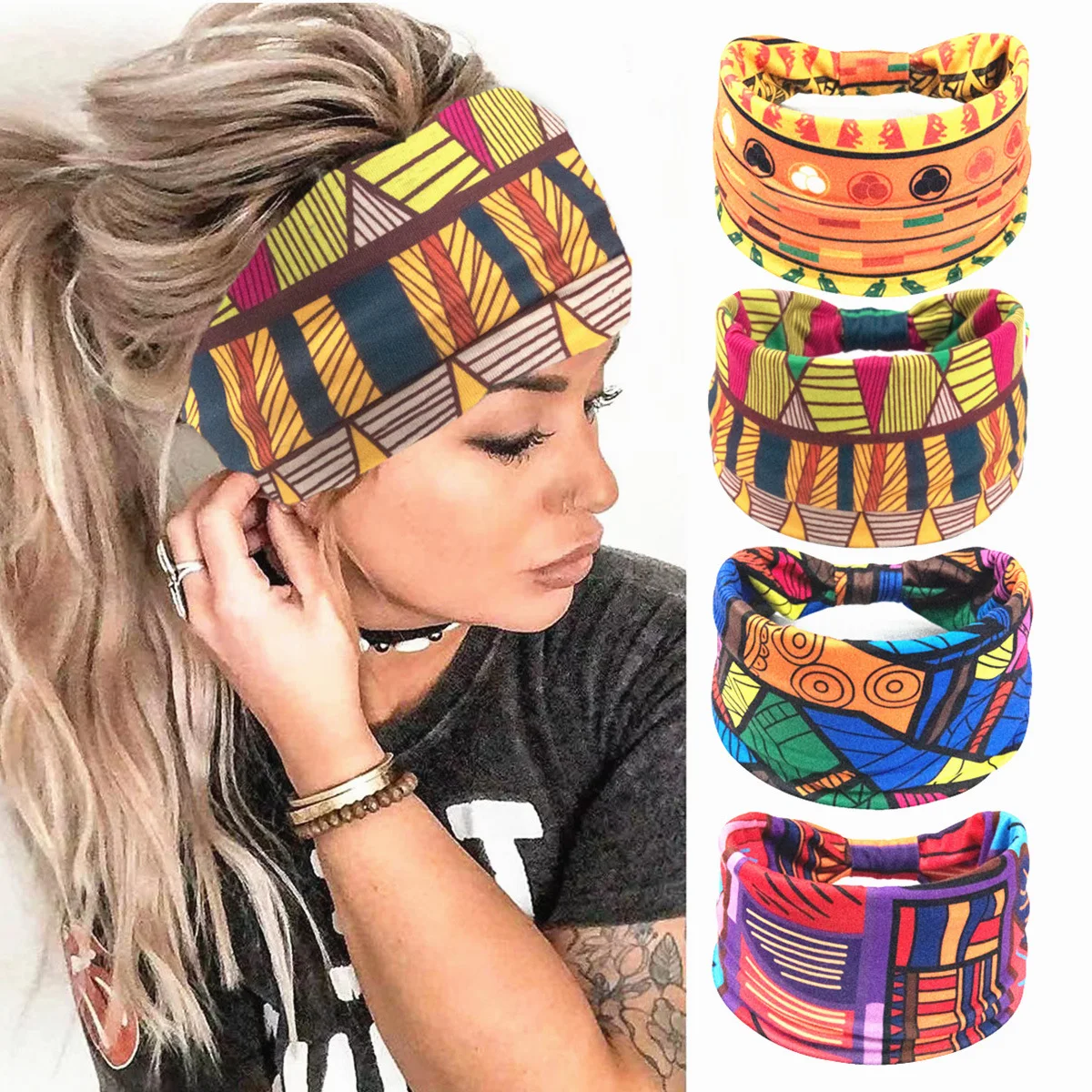 Boho Flower Print Headbands Women Wide Twist Knotted Head Bands Elastic Non-Slip Hair Bands Vintage Yoga Head Wraps Turbans