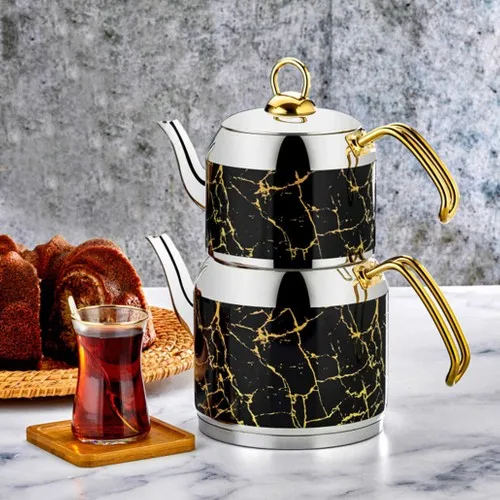 Sila 729 Hermes Decorated Mini Size Steel Teapot Black Gold