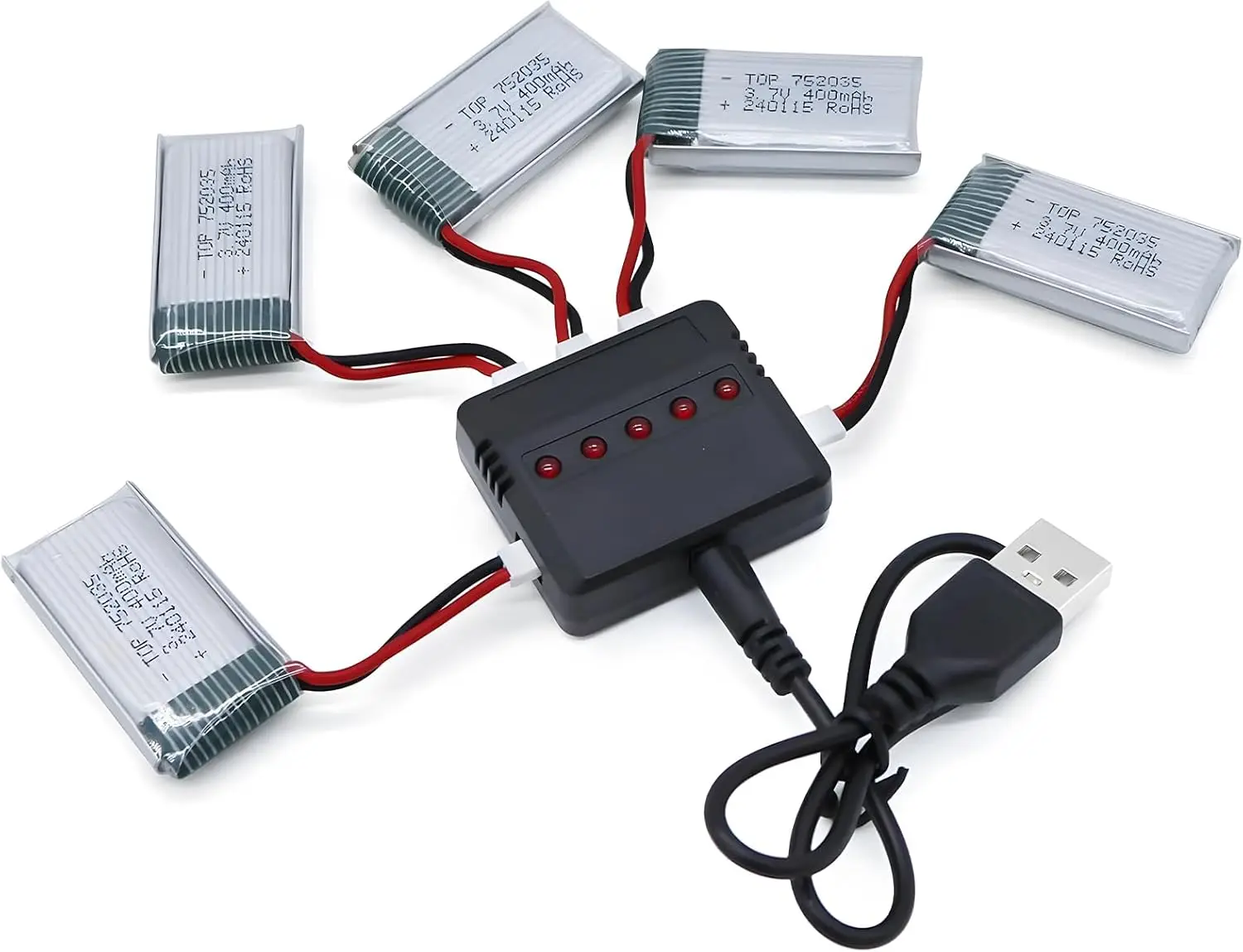 5PCS 3.7V 400mAh LiPo Battery & 5-in-1 USB Charger XH2.54 Connector for Syma Q11 H99W H31 H6C H98 RC Drone Spare Parts Pack