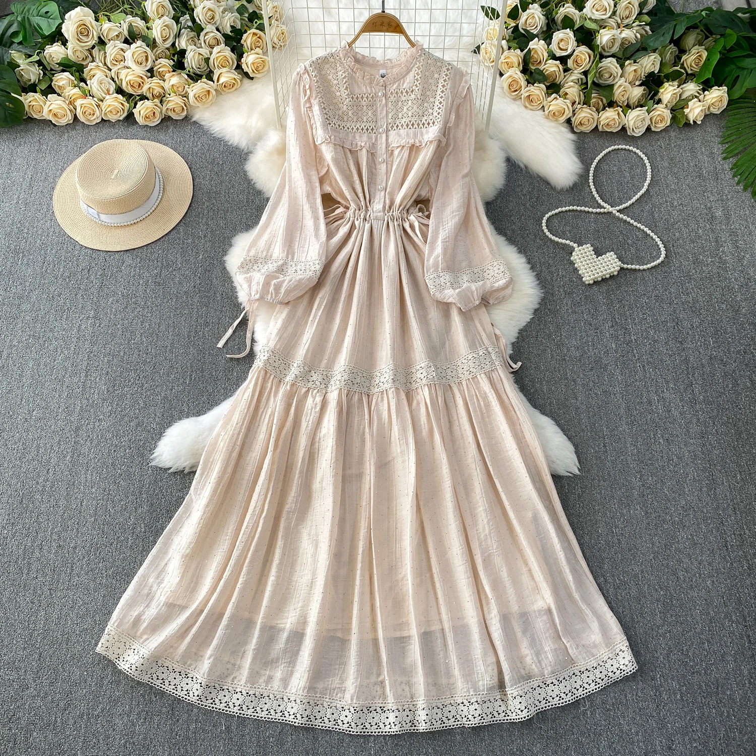 Chic vintage Ruched rhinestone Spliced lace Elegant Fairy korean fashion Boho women clothing Long dress