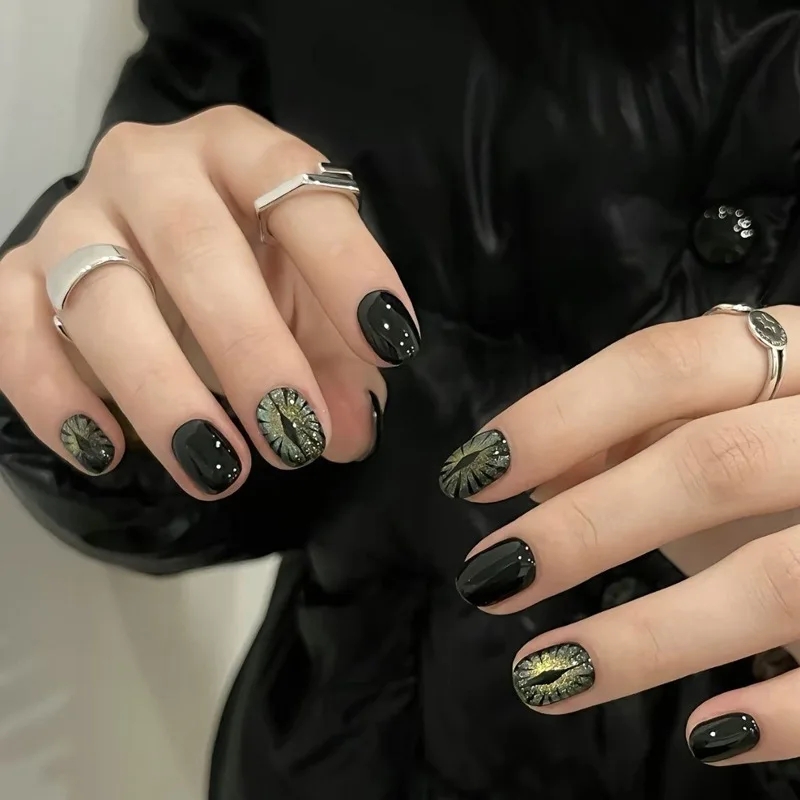 10 szt. Ręcznie Robione Krótkie Paznokcie Dociskane Zestaw Czarne Oczy Sztuczne Paznokcie z Klejem Paznokcie Sztuczne z Naklejkami Samoprzylepnymi Proste Paznokcie do Samodzielnego Usuwania