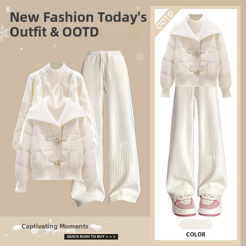 

Осенне-зимний женский модный комплект: повседневный свитер, хлопковая куртка с узором «косы», брюки с широким воротником, комплект из трех предметов в уличном стиле