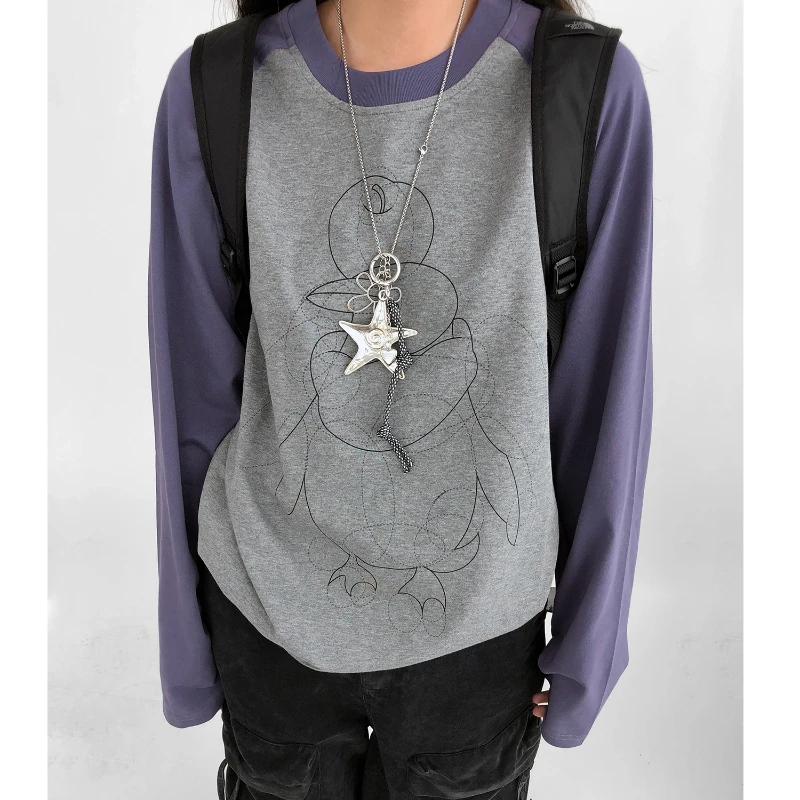 2025 Autunno Inverno Nuovo modello di stampa animale Splicing Girocollo da donna Camicia che tocca il fondo T-shirt a maniche lunghe dal design retrò da donna